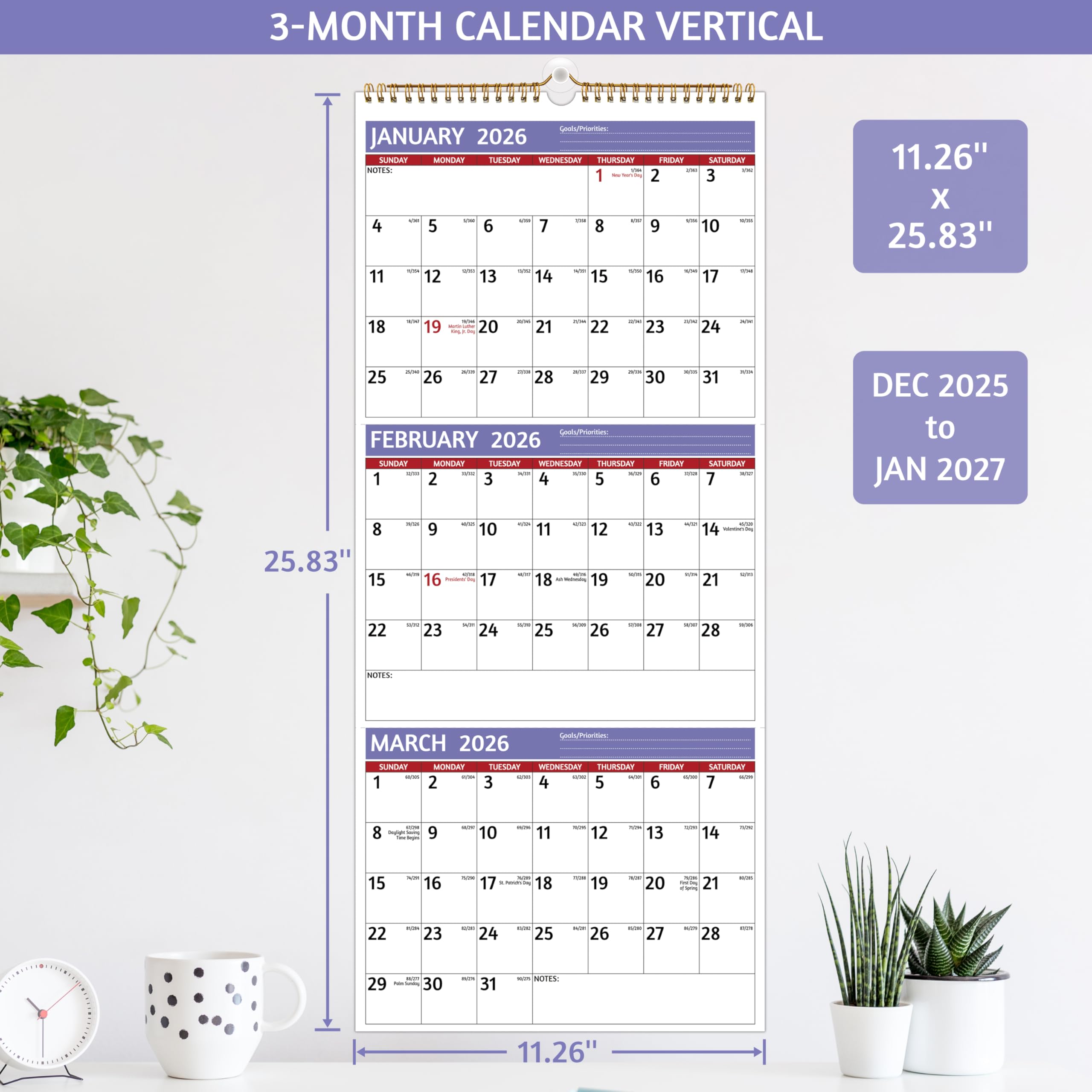 2026 Wall Calendar - 3 Month Calendar 2026 Vertical, Jan 2026